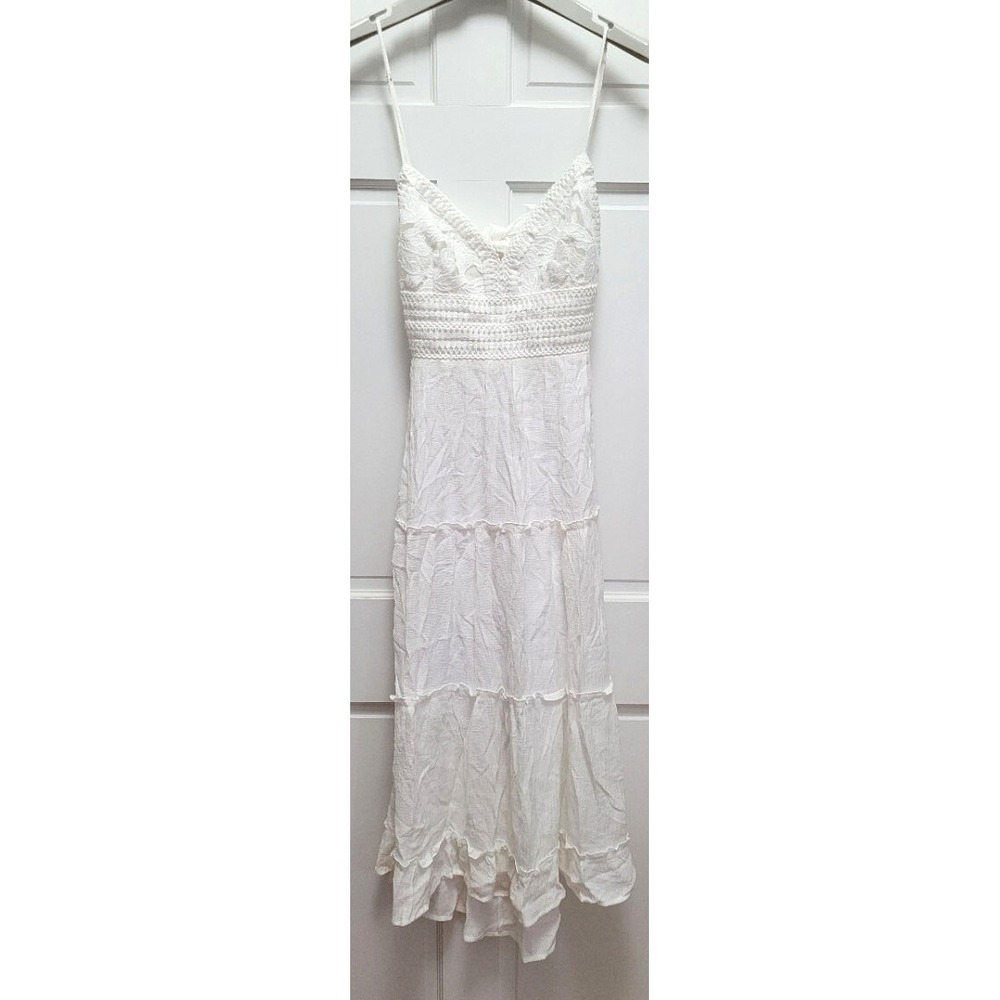 Love Tree Crinkle Rayon Blend Crochet Open Tie Back Tiered Midi Dress - M